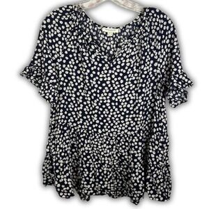 Beach Lunch Lounge Navy White Daisy Print Ruffle Peasant Tunic‎ Top XS Oversized